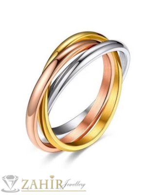 Сет от 3 бр. полирани тънки преплетени халки от неръждаема стомана в 3 цвята- златно, сребърно и розово златно- P1625